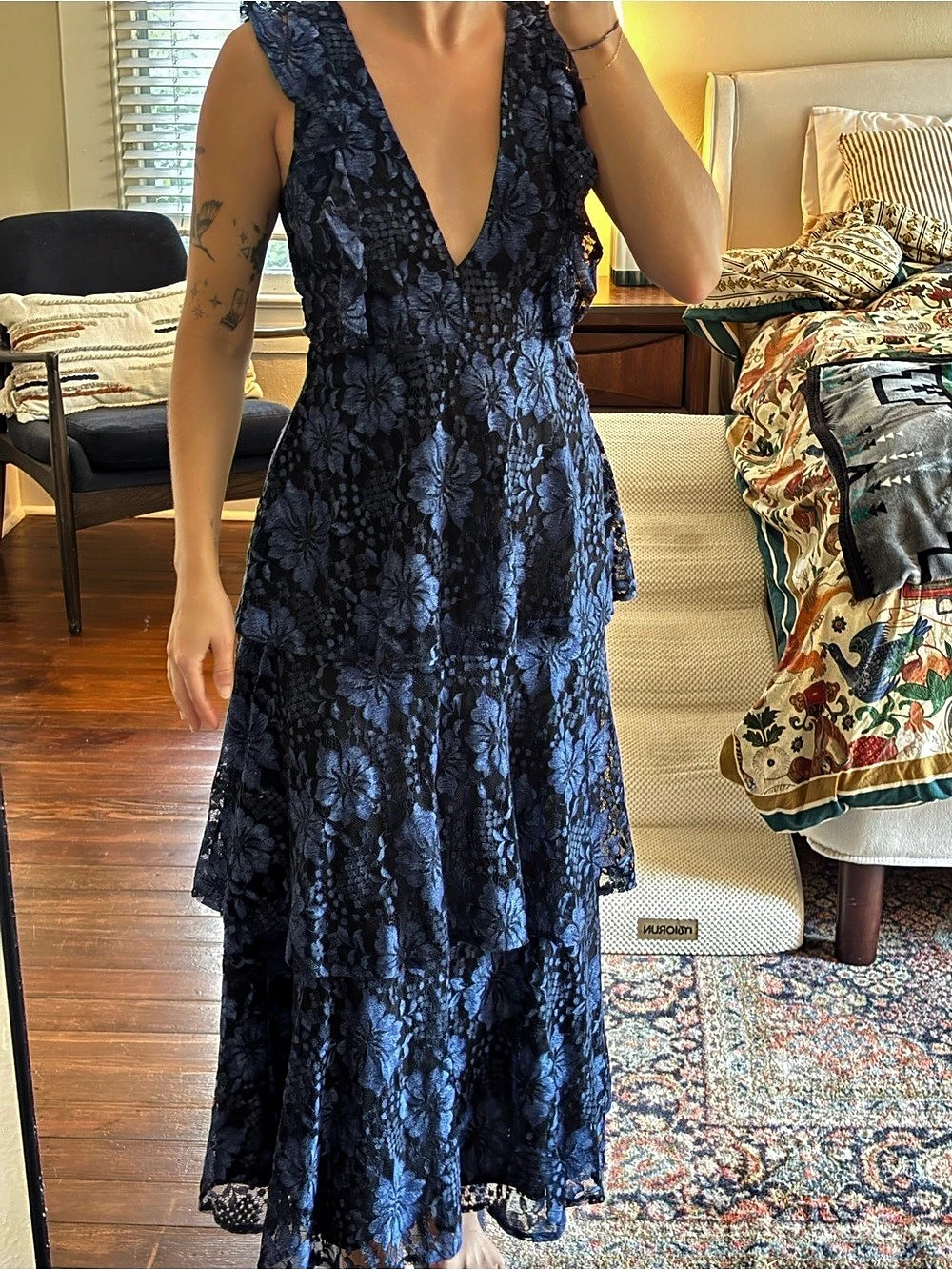 Lulus Molinetto Navy Blue Lace Ruffled Tiered Sleeveless Maxi Dress Maxi Dress